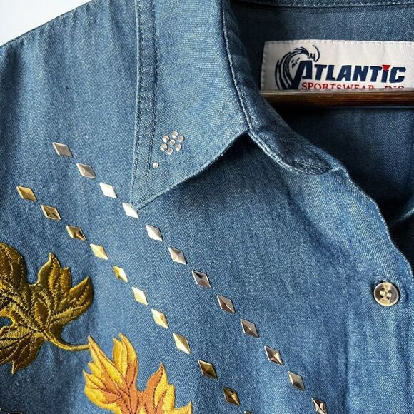 Vintage Embroidered Fall Leaf Blue Denim Button Down Long Sleeve Womens Size XXL - Picture 6 of 13